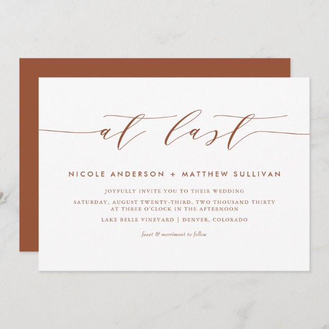 At Last Terracotta Minimalist Script Wedding Invitation (Front/Back)
