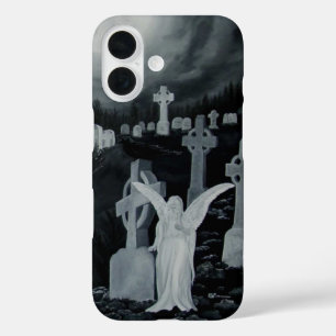 At night on the cemetery - Angel with Crow iPhone 16 Case