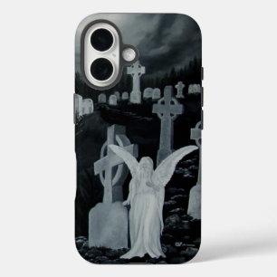 At night on the cemetery - angel with Crow iPhone 16 Case