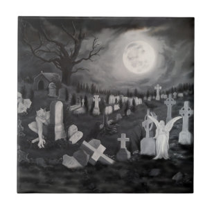 At night on the cemetery - Angel with Devil Ceramic Tile