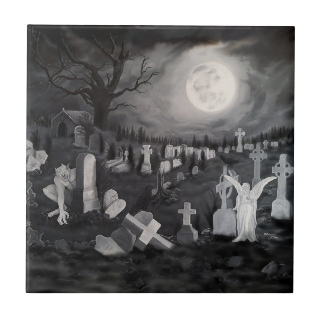 At night on the cemetery - Angel with Devil Ceramic Tile (Front)