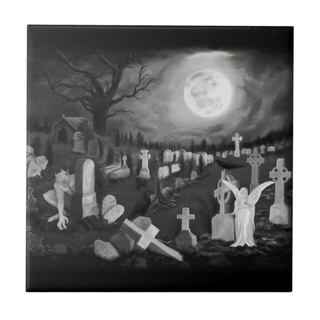 At night on the cemetery - Angel with Devil Ceramic Tile (Front)