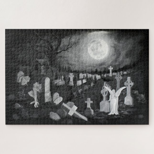 At night on the cemetery - Angel with Devil Jigsaw Puzzle (Horizontal)