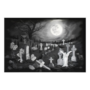 At night on the cemetery - Angel with Devil Photo Print