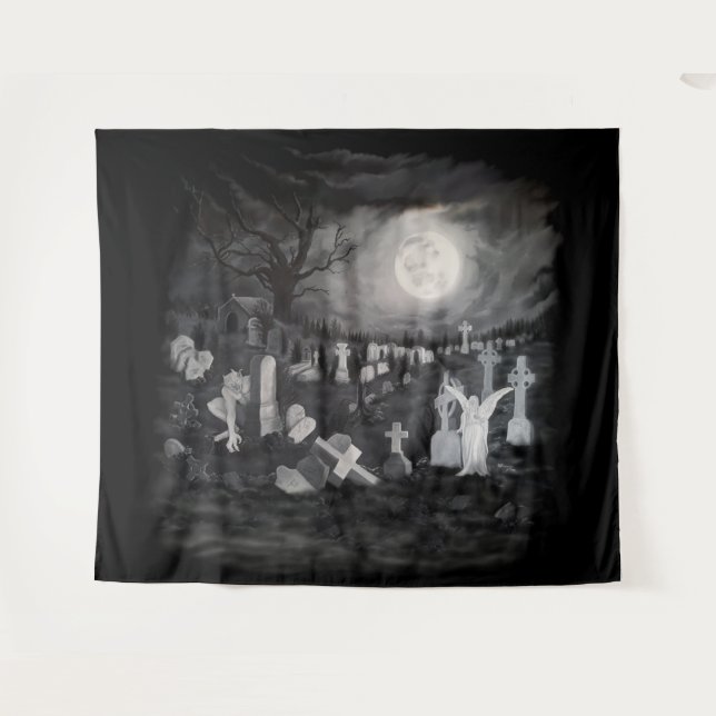 At night on the cemetery - Angel with Devil Tapestry (Front (Horizontal))