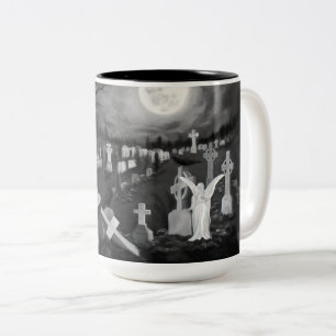 At night on the cemetery - Angel with Devil Two-Tone Coffee Mug