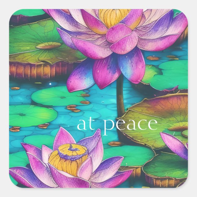at peace Beautiful Pink Lotus Flowers Water Scene  Square Sticker (Front)