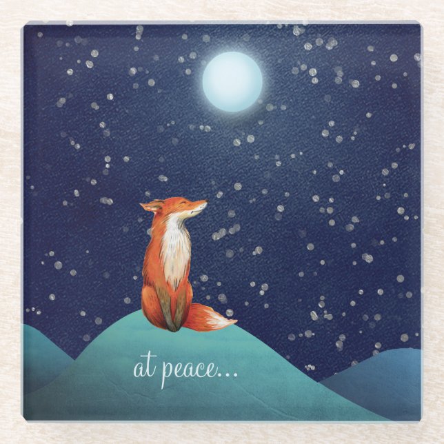at peace ~ Charming Fox Sitting Under a Full Moon Glass Coaster (Front)