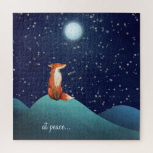 at peace ~ Charming Fox Sitting Under a Full Moon Jigsaw Puzzle