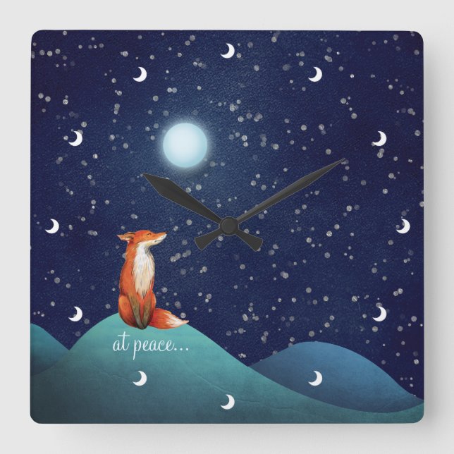 at peace ~ Charming Fox Sitting Under a Full Moon Square Wall Clock (Front)