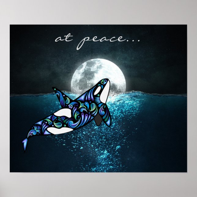 at peace ~ Full Moon Psychedelic Trippy Orca Whale Poster (Front)