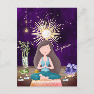 At Peace Meditating Yoga Girl and Crystals Postcard