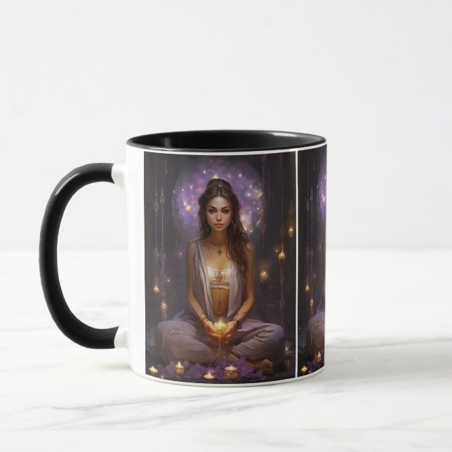 At Peace Meditating Yoga Girl, Crystals Amethyst Mug (Left)