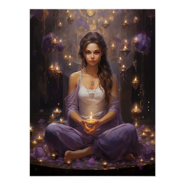 At Peace Meditating Yoga Girl, Crystals Amethyst Poster (Front)