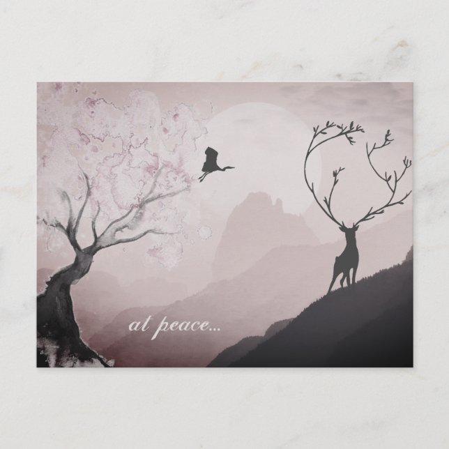 at peace ~ Pink Full Moon and Mountain Scene Japan Postcard (Front)