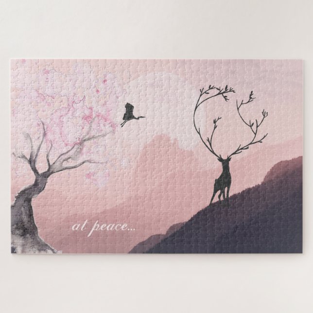 at peace, Pink Sunrise Spring Mountain Scene Japan Jigsaw Puzzle (Horizontal)