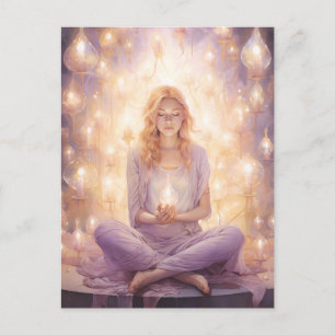 At Peace Pretty Meditating Yoga Girl Purple Gold Postcard