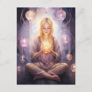 At Peace Pretty Meditating Yoga Girl Purple Gold Postcard
