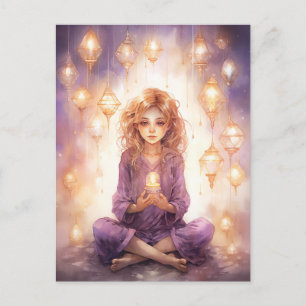 At Peace Pretty Meditating Yoga Girl Purple Gold Postcard