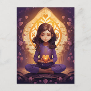 At Peace Pretty Meditating Yoga Girl Purple Hearts Postcard