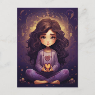 At Peace Pretty Meditating Yoga Girl Purple Hearts Postcard