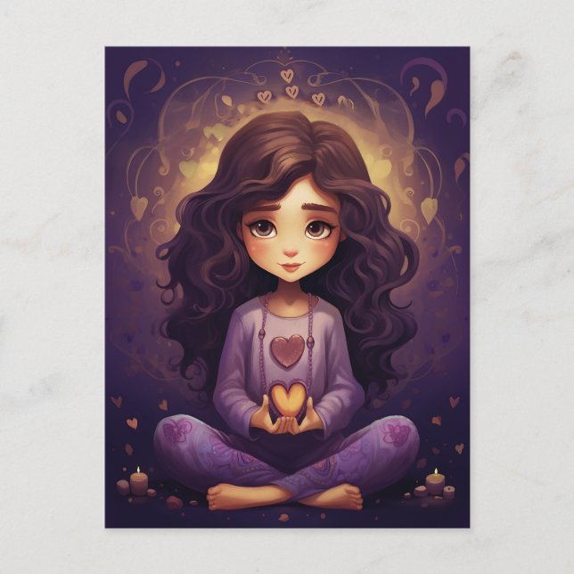 At Peace Pretty Meditating Yoga Girl Purple Hearts Postcard (Front)
