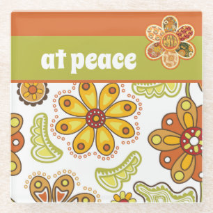 at peace - Retro Flower Hippie Orange Green Glass Coaster