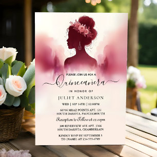 At Silver Plum Lace Gown Boho Burgundy Quinceanera Invitation