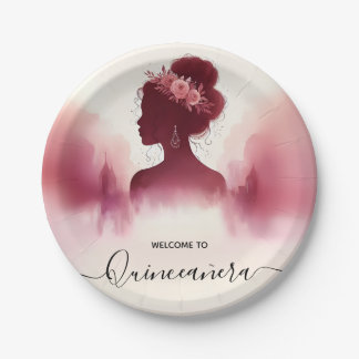 At Silver Plum Lace Gown Boho Burgundy Quinceanera Paper Plate