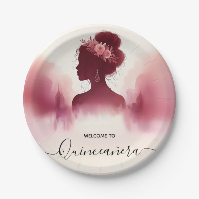 At Silver Plum Lace Gown Boho Burgundy Quinceanera Paper Plate (Front)
