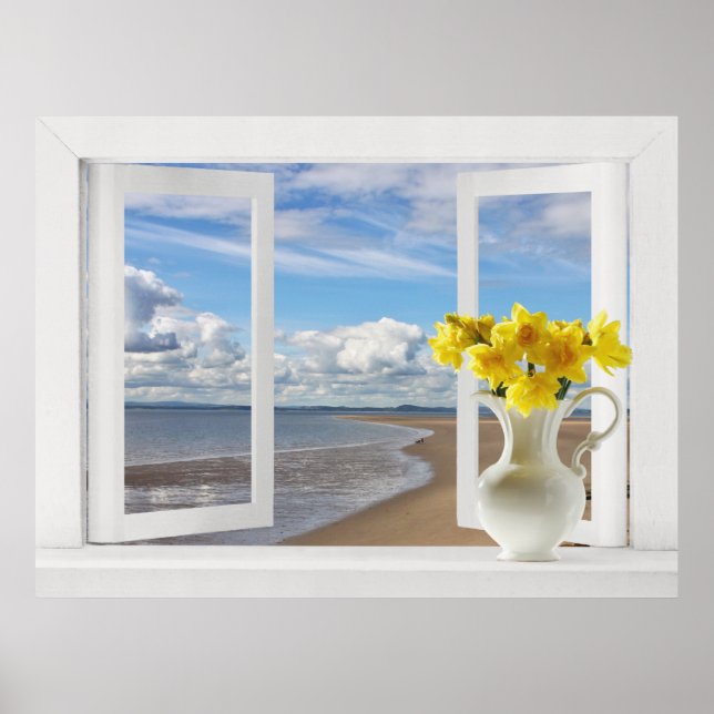 At the Beach -- Open Window View with Daffodils Poster (Front)