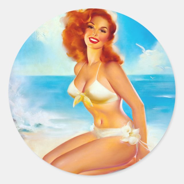 At the Beach Pin Up Classic Round Sticker (Front)