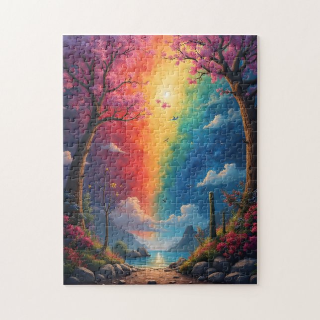 At the end of the path is a rainbow world jigsaw puzzle (Vertical)