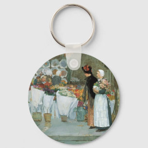 At The Florist by Childe Hassam, Vintage Fine Art Key Ring