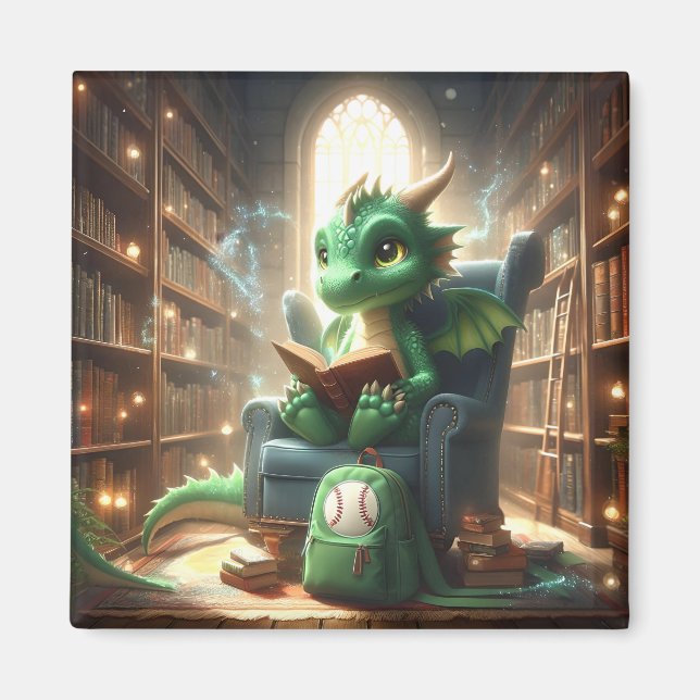 At the Library - Green Dragon Magnet (Front)