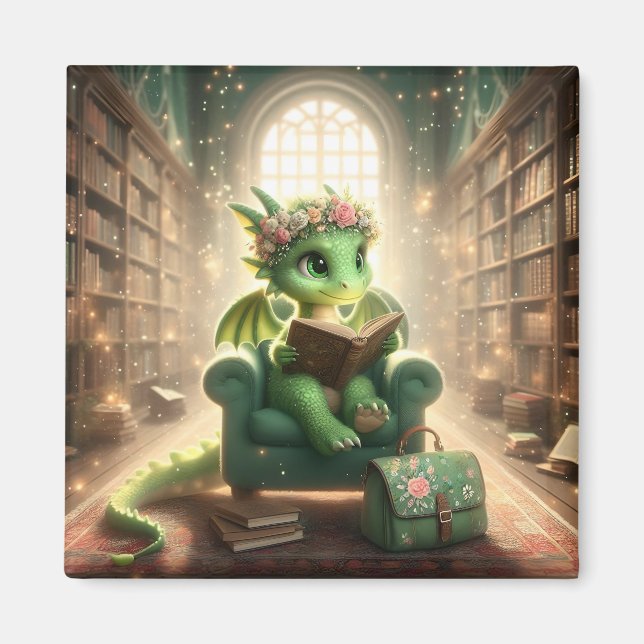At the Library - Green Dragon Magnet (Front)