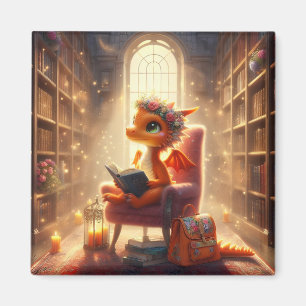 At the Library - Orange Dragon Magnet