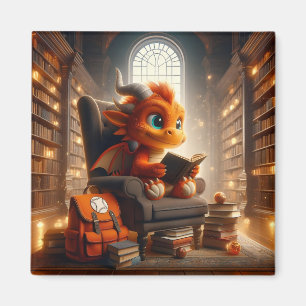 At the Library - Orange Dragon Magnet
