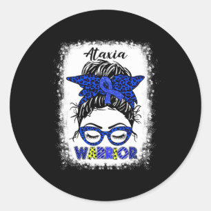 Ataxia Warrior Messy Bun Blue Ribbon Women Ataxia  Classic Round Sticker
