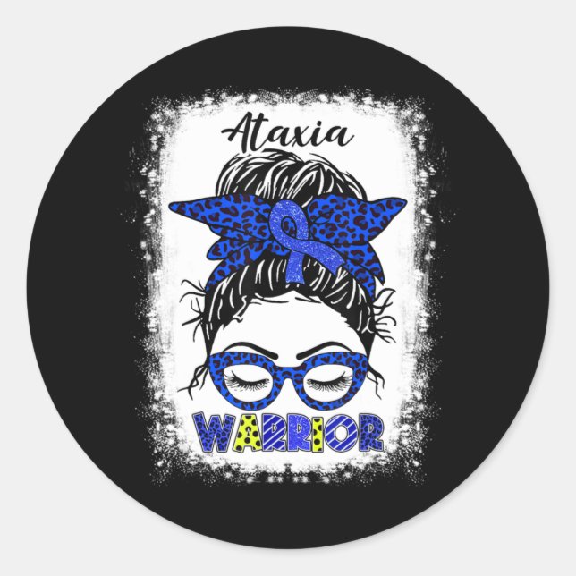 Ataxia Warrior Messy Bun Blue Ribbon Women Ataxia  Classic Round Sticker (Front)