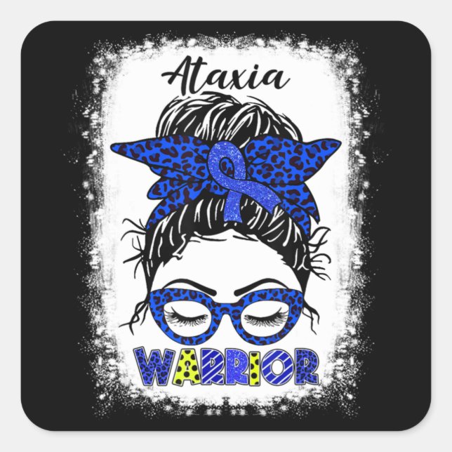 Ataxia Warrior Messy Bun Blue Ribbon Women Ataxia  Square Sticker (Front)