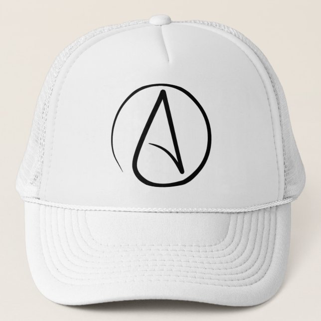 Atheism symbol: black on white trucker hat (Front)