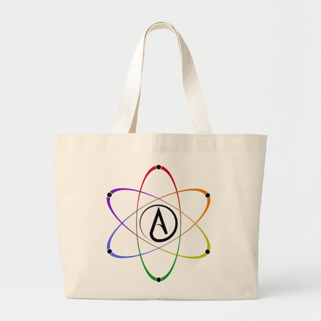 Atheist Atom Symbol Rainbow Black Large Tote Bag (Front)