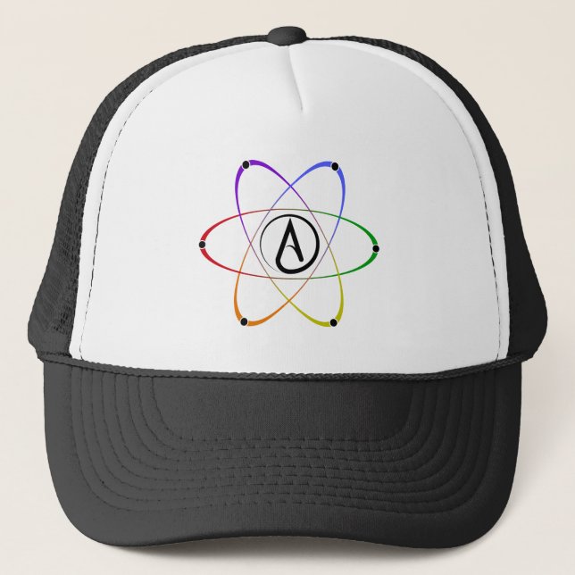 Atheist Atom Symbol Rainbow Black Trucker Hat (Front)
