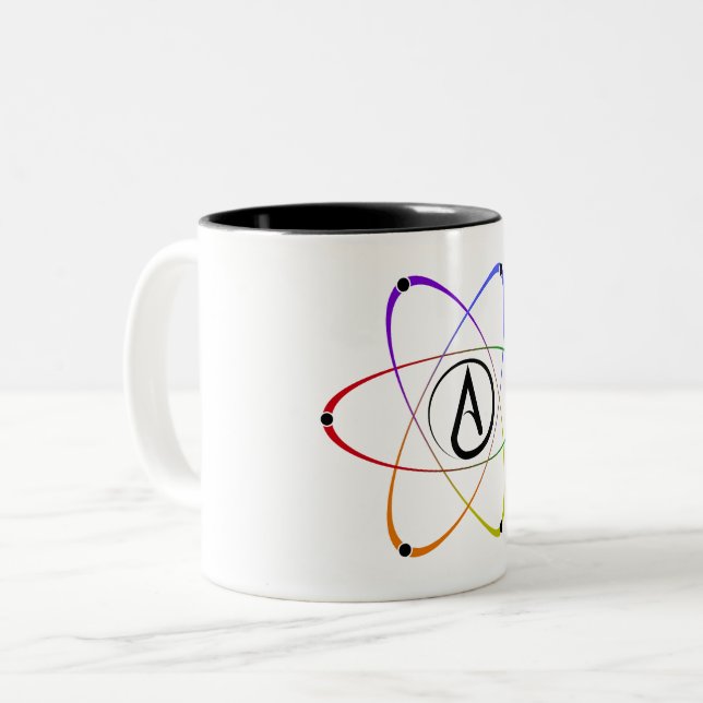 Atheist Atom Symbol Rainbow Black Two-Tone Coffee Mug (Front Left)