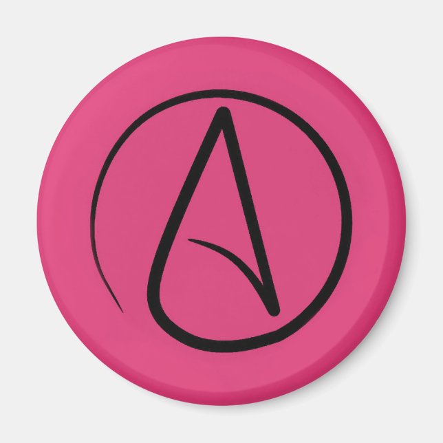 Atheist symbol: black on fuchsia magnet (Front)