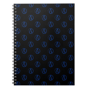 Atheist symbol: blue on black notebook
