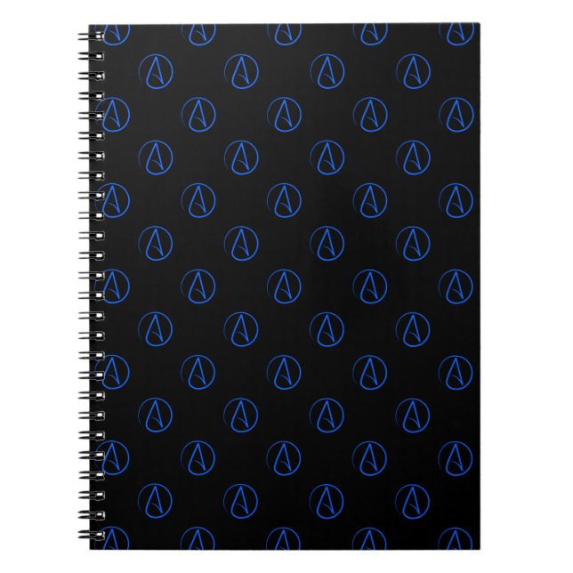 Atheist symbol: blue on black notebook (Front)