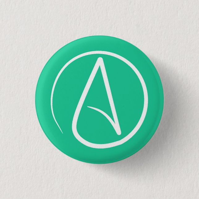 Atheist symbol: white on mint green 3 cm round badge (Front)