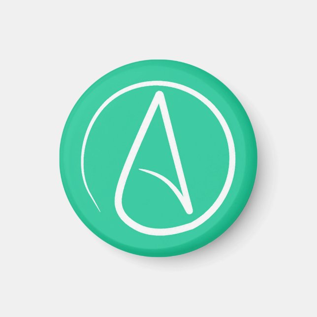 Atheist symbol: white on mint green magnet (Front)
